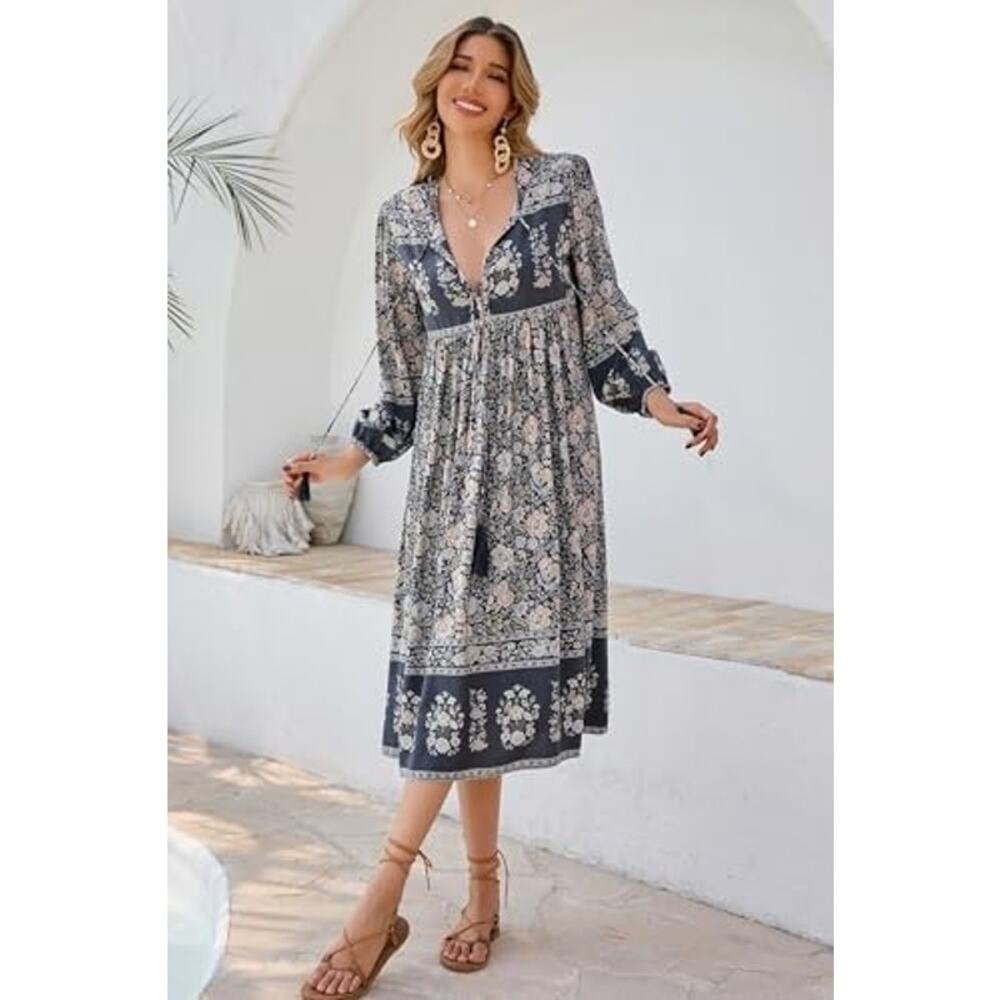 R Vivimos  Long Slv Midi dress boho floral print tassel v-neck see measurements